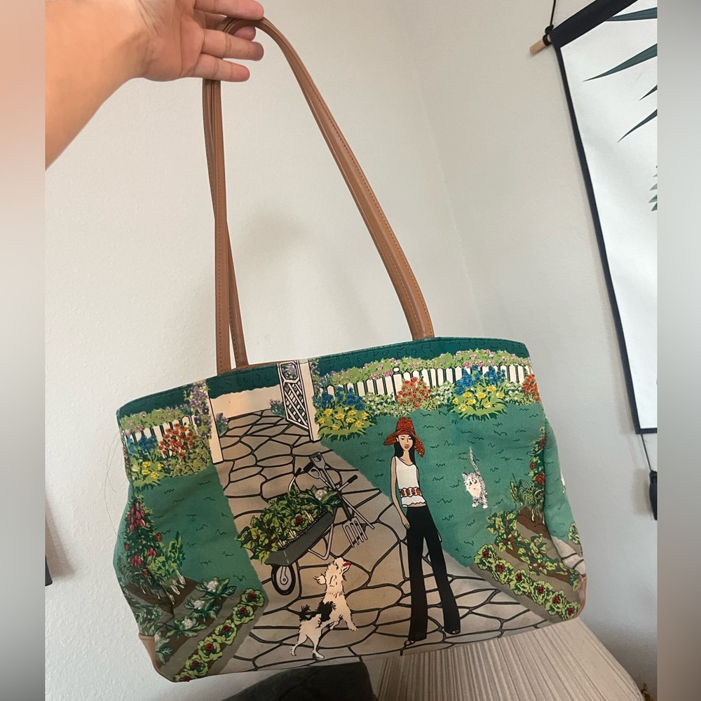 Very Cute Lady in Garden with Doggy and Cat, Canvas handbag Spring Must Have Bag